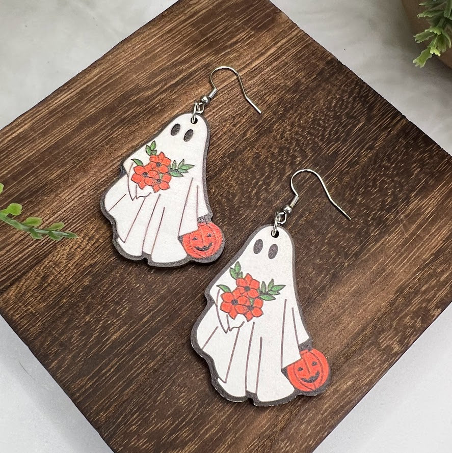Adorable Ghost Halloween Wooden Earrings