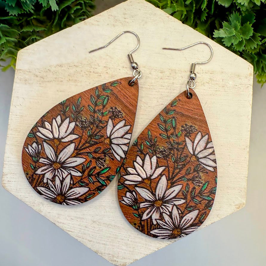 Country Roads Rustic Wildflower Teardrop Wooden Earrings