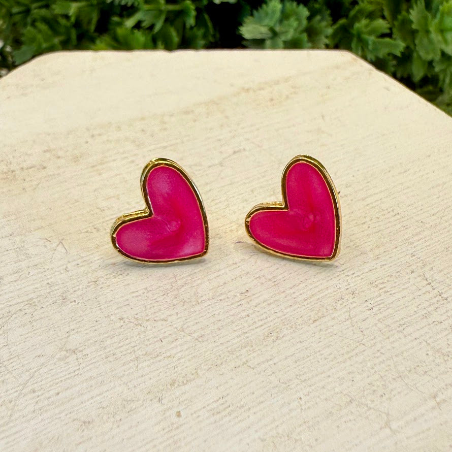 Classic Pink Heart Earrings With Golden Accent