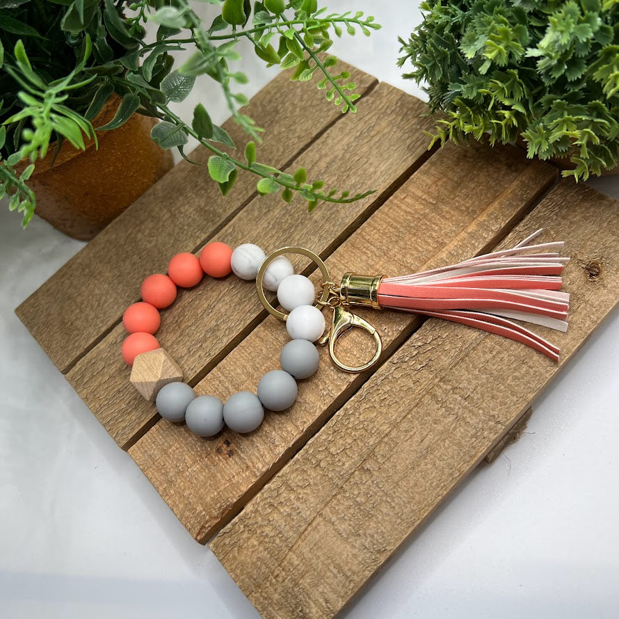 Beautiful & Bright Coral Pink and Gray Granite Beaded Bracelet Keychain