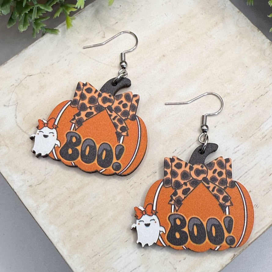 Cute Pumpkin Ghost Wooden Earrings With Bow