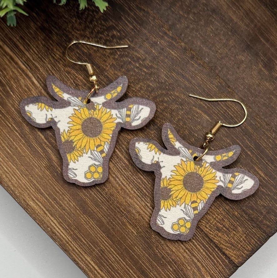 Country Chic Cow Sunflower Wooden Earrings - 7 Styles