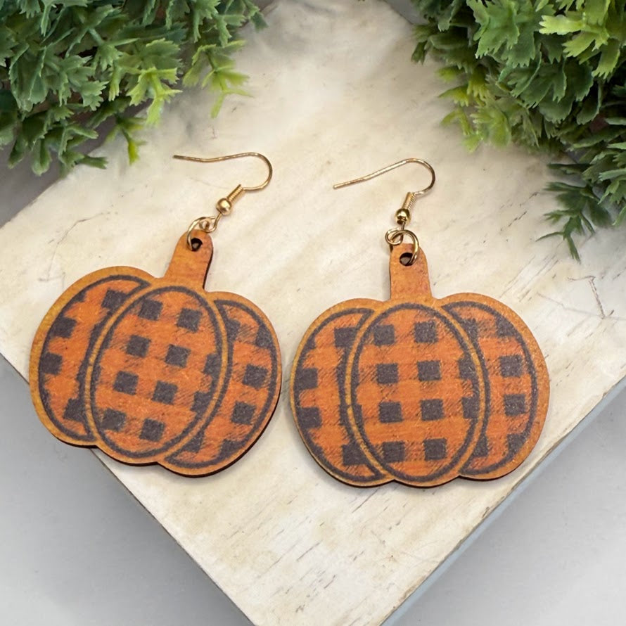 Perfect Plaid Pumpkin Fall Wooden Earrings