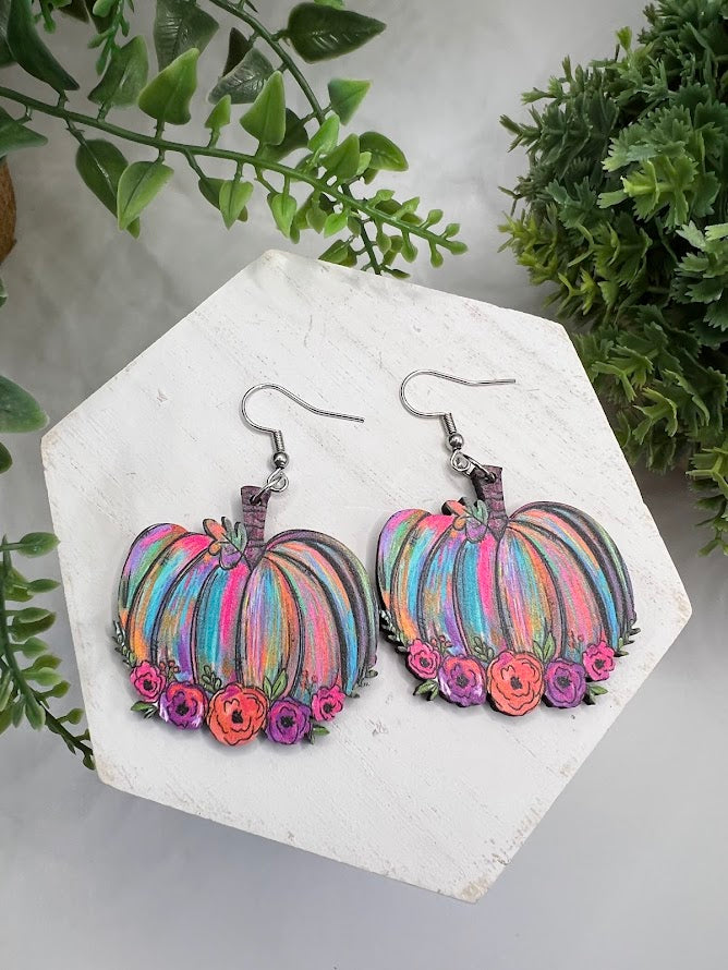 Neon Flair Pumpkin Earrings With Flowers