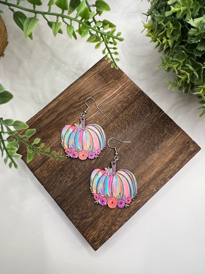 Neon Flair Pumpkin Earrings With Flowers