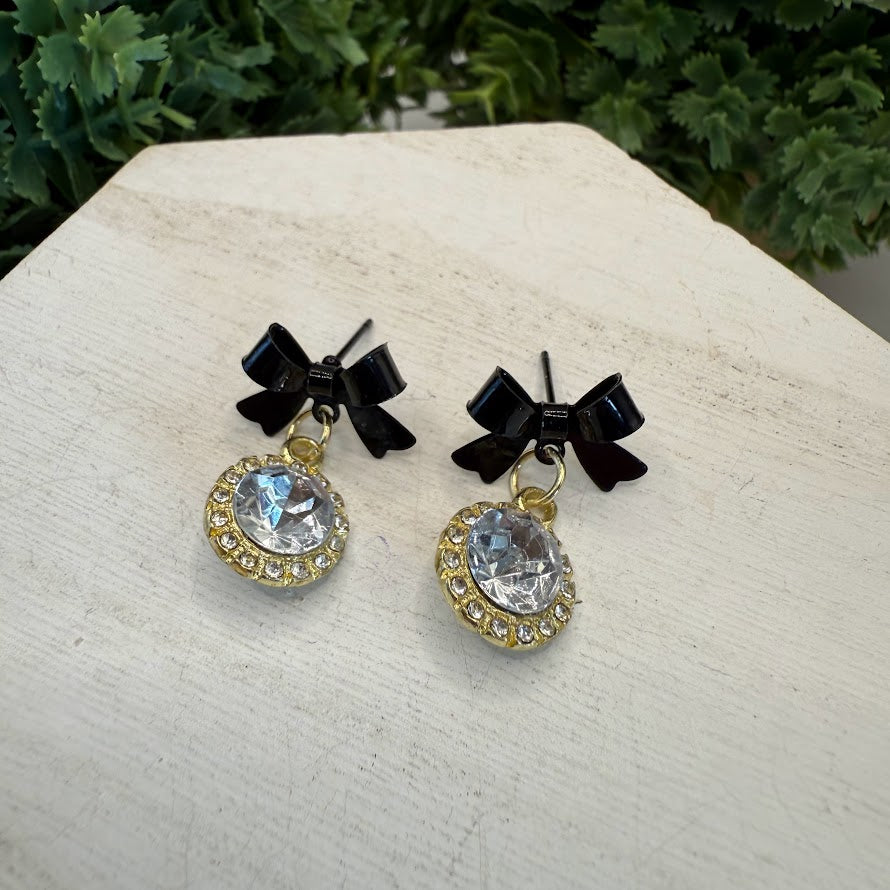 Beautiful Bling Black Bow Earrings With Golden Accents