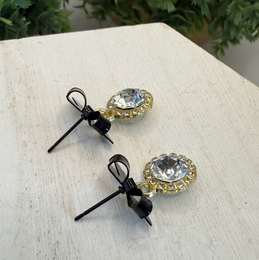 Beautiful Bling Black Bow Earrings With Golden Accents