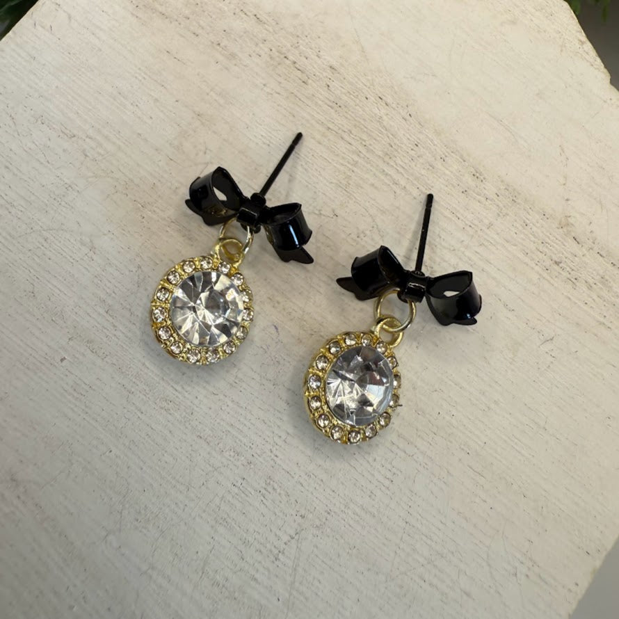 Beautiful Bling Black Bow Earrings With Golden Accents