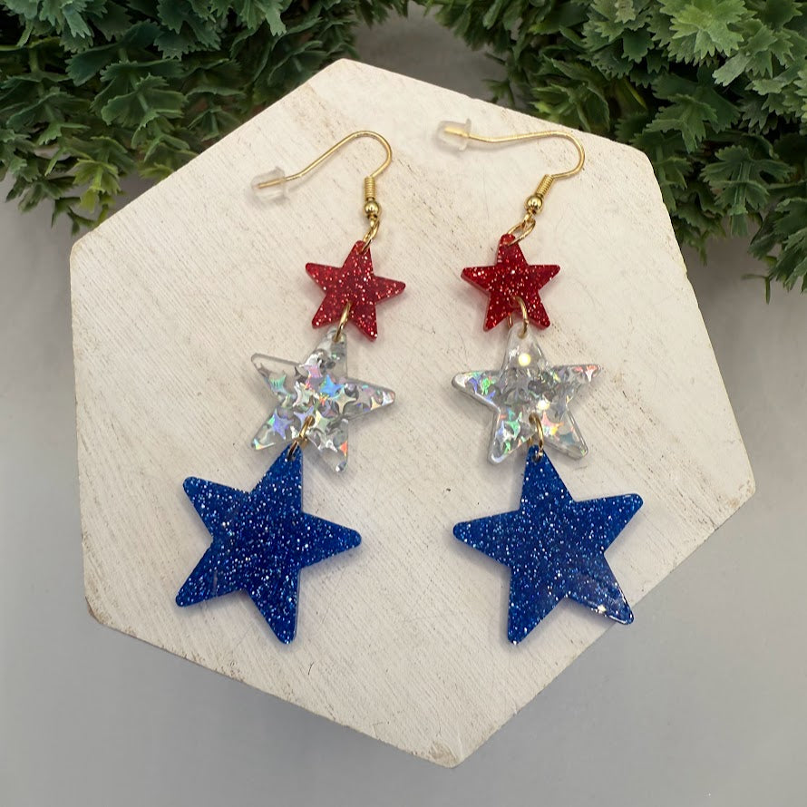 Independence Day Sparkly Stars or Hearts Dangle Earrings