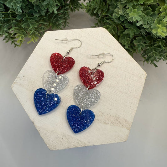 Independence Day Sparkly Stars or Hearts Dangle Earrings