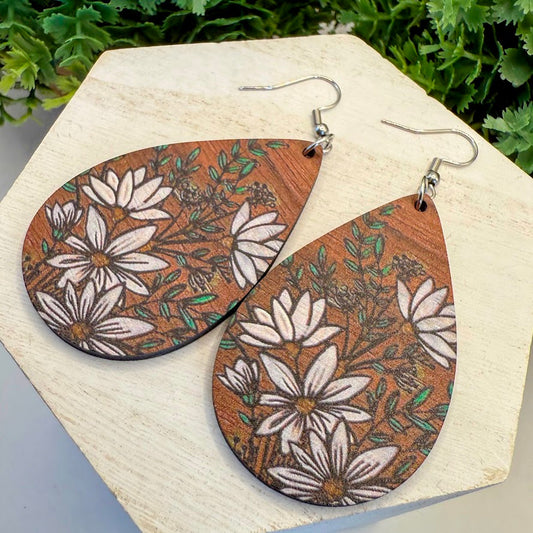 Country Roads Rustic Wildflower Teardrop Wooden Earrings