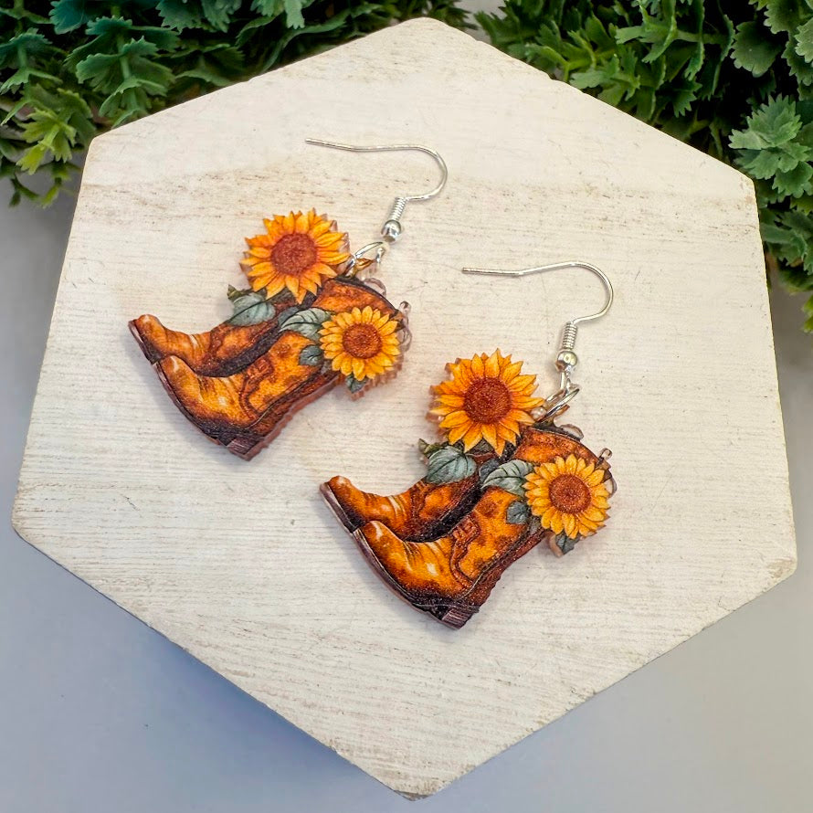Cowgirl Up Resin Cowgirl Boots With Sunflowers Earrings