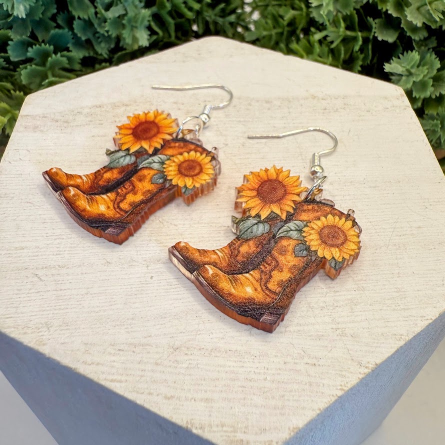 Cowgirl Up Resin Cowgirl Boots With Sunflowers Earrings