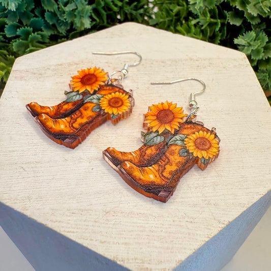 Cowgirl Up Resin Cowgirl Boots With Sunflowers Earrings