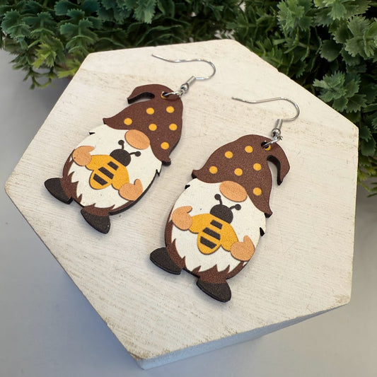 Cute Summer Wooden Earrings Gnome with Bee