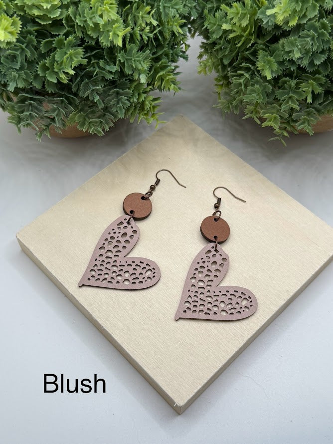 Lovely Faux Leather And Wood Heart Earrings -6 Color Choices