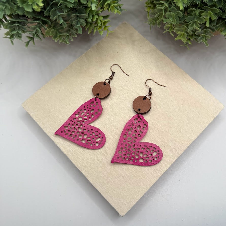 Lovely Faux Leather And Wood Heart Earrings -6 Color Choices