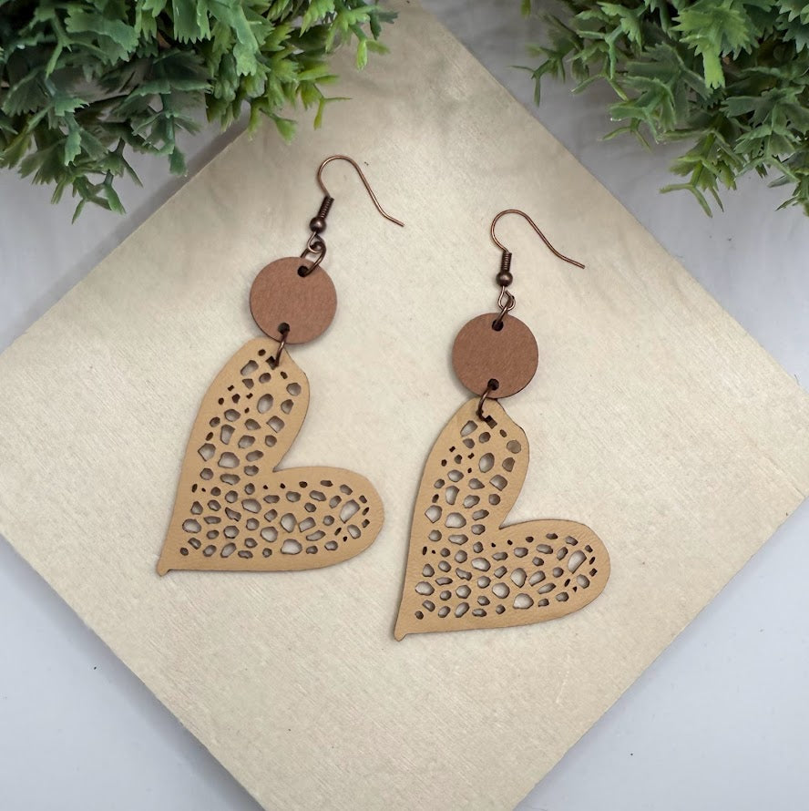 Lovely Faux Leather And Wood Heart Earrings -6 Color Choices