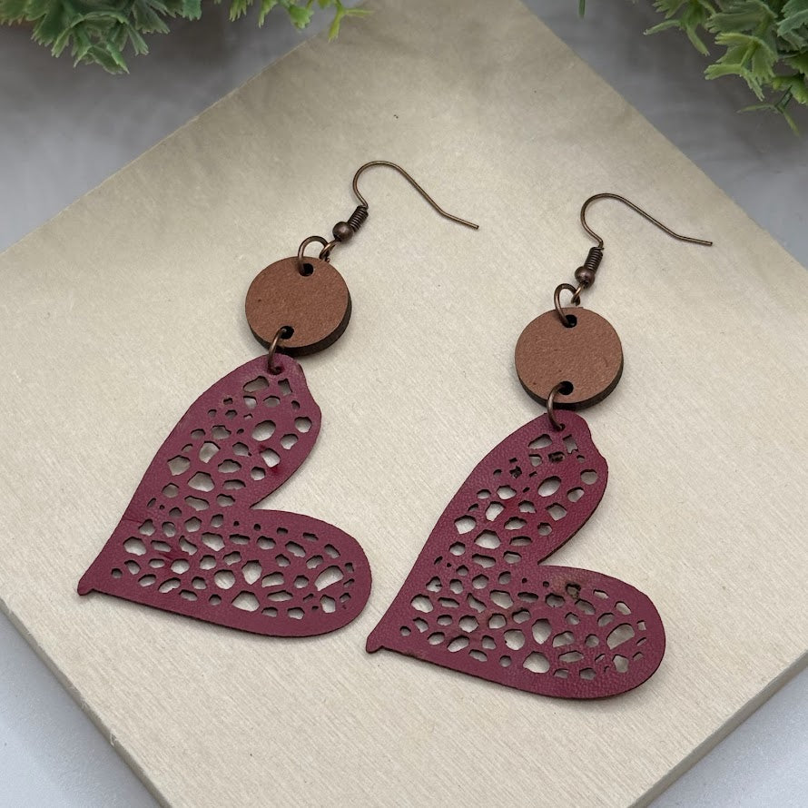 Lovely Faux Leather And Wood Heart Earrings -6 Color Choices