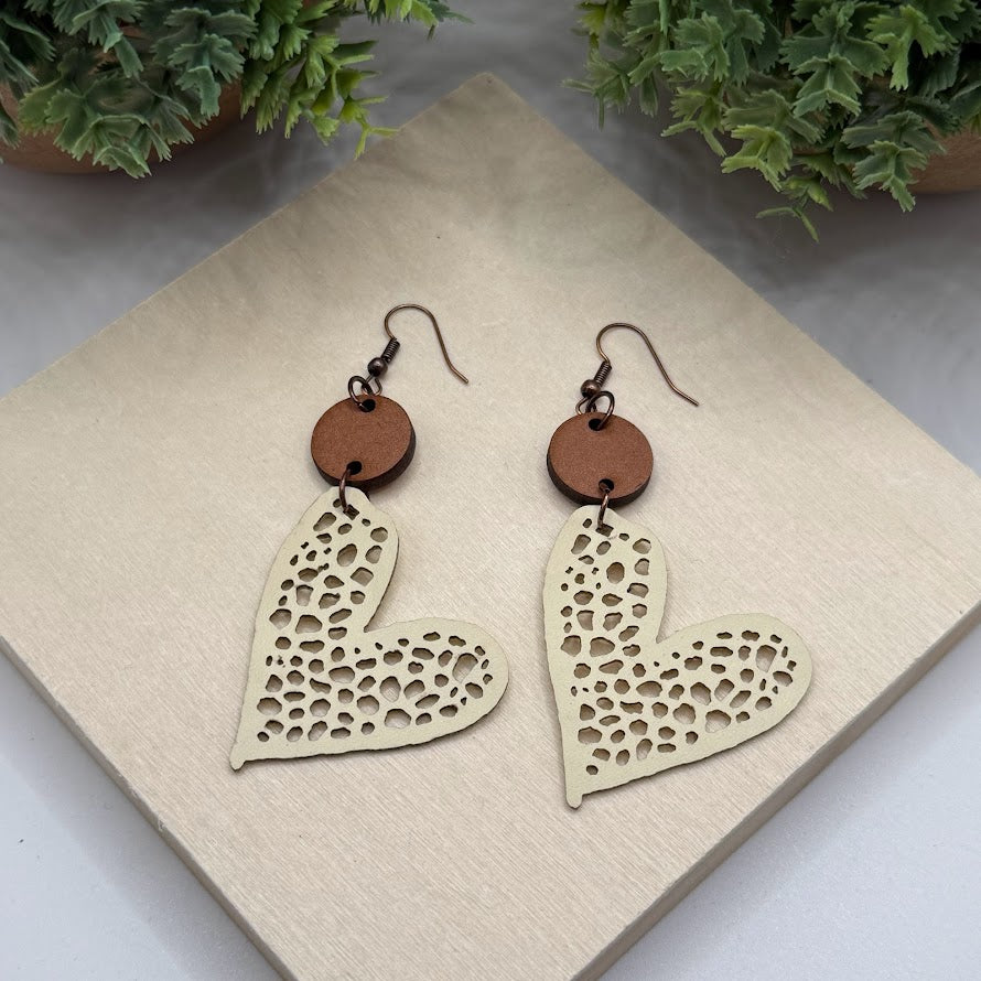 Lovely Faux Leather And Wood Heart Earrings -6 Color Choices