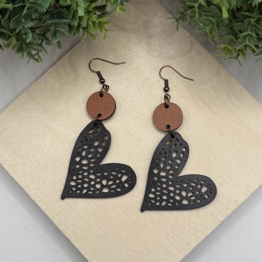 Lovely Faux Leather And Wood Heart Earrings -6 Color Choices