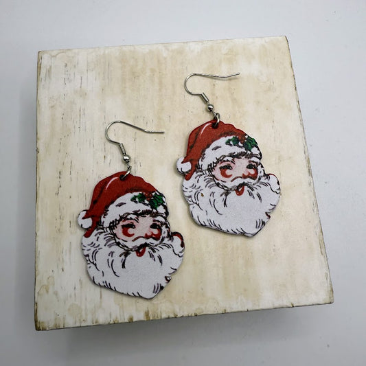 Adorable Wooden Retro Santa Earrings