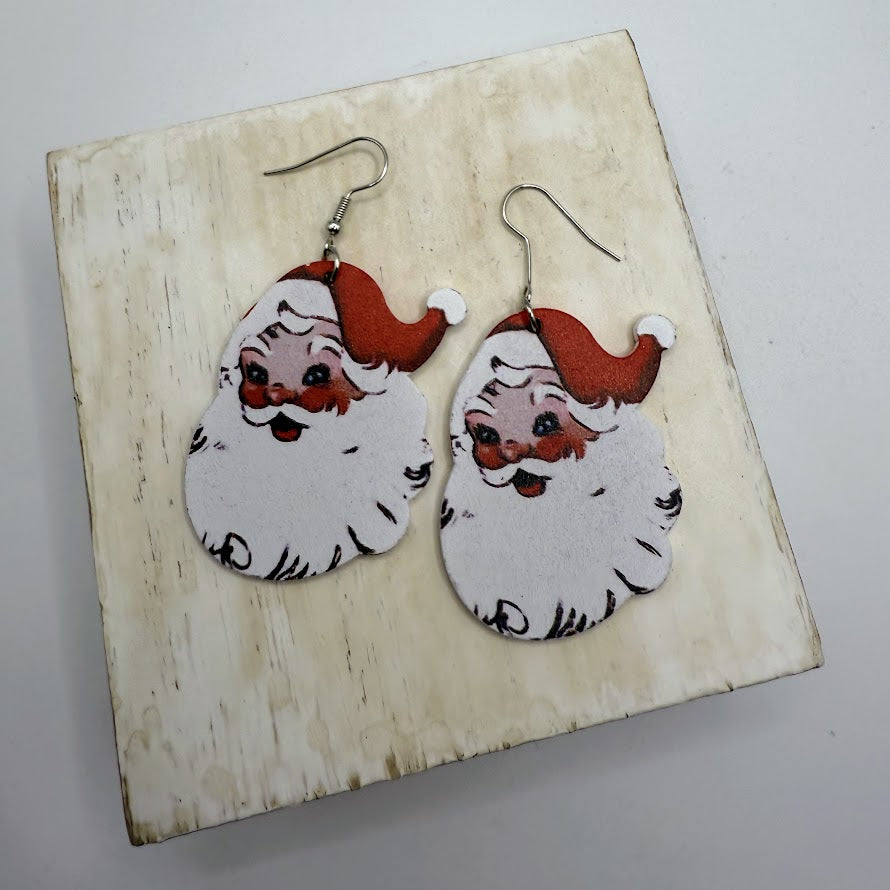 Adorable Wooden Retro Santa Earrings