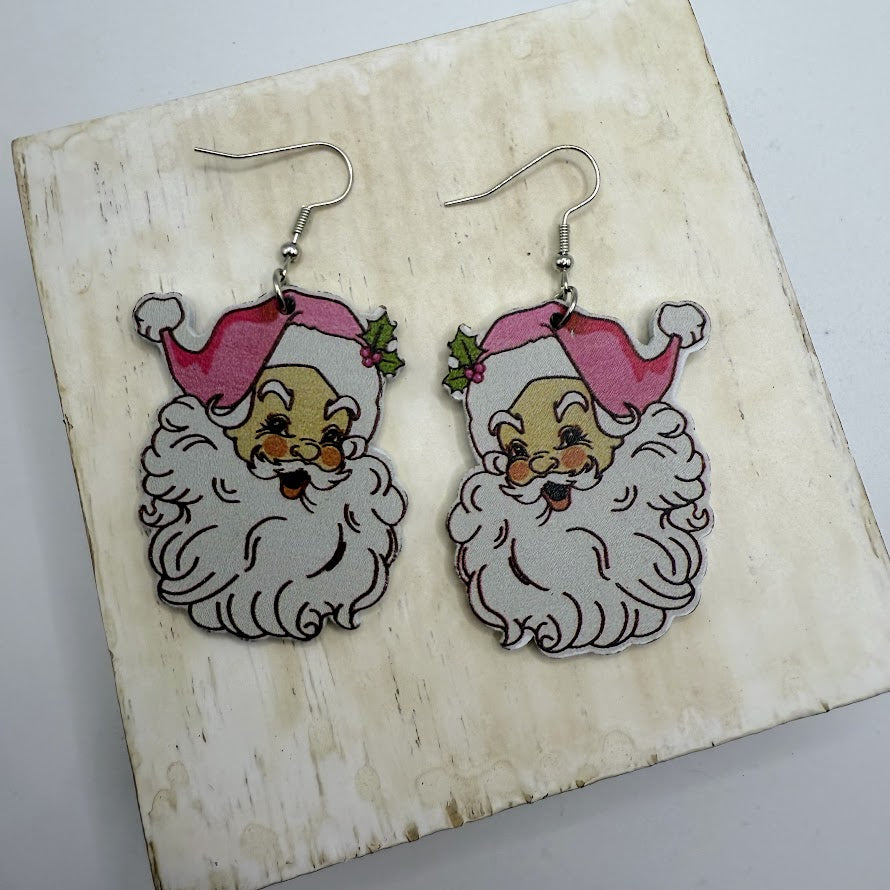 Adorable Wooden Retro Santa Earrings