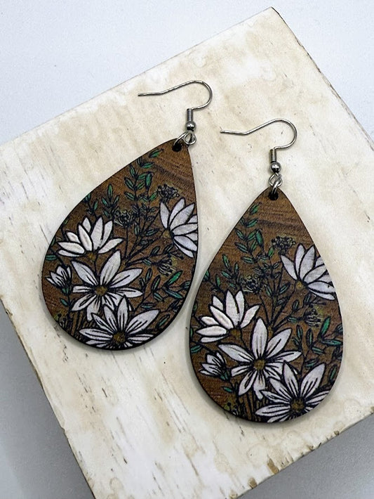 Pretty Boho Chic Floral Wooden Earrings