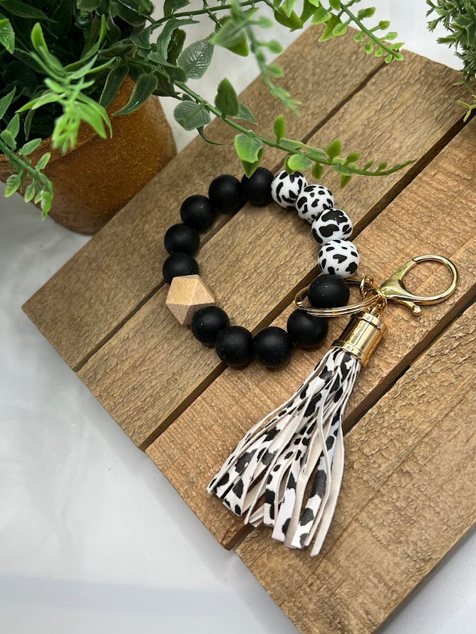 Moo! Cow Print Silicone Bead And Tassel Keychain Bracelet