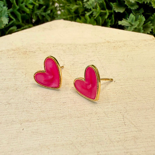Classic Pink Heart Earrings With Golden Accent