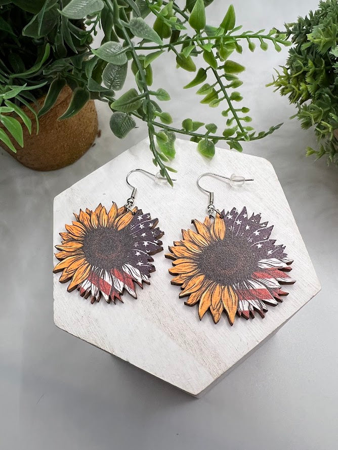 Beautiful And Patriotic Flag Sunflower Earrings- 2 Lengths Available