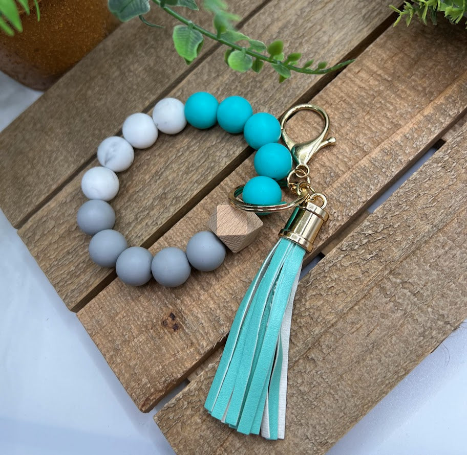 Stylish Teal, Gray and Granite Silicone Beads Keychain Bracelet with Tassel