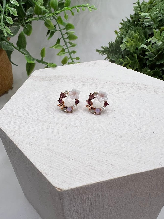 Vintage Perfection Dainty Pearls and Pink Flowers Wreaths Earrings