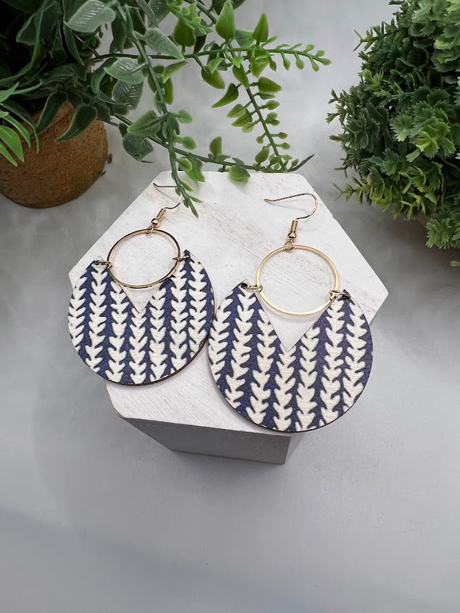 Blue Boho Weave Wooden Earrings With Gold Accents