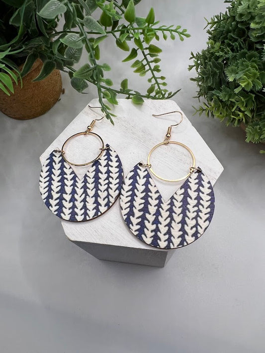 Blue Boho Weave Wooden Earrings With Gold Accents