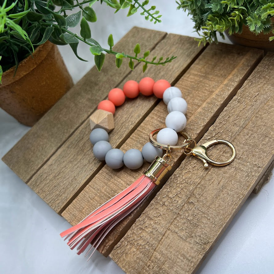 Beautiful & Bright Coral Pink and Gray Granite Beaded Bracelet Keychain