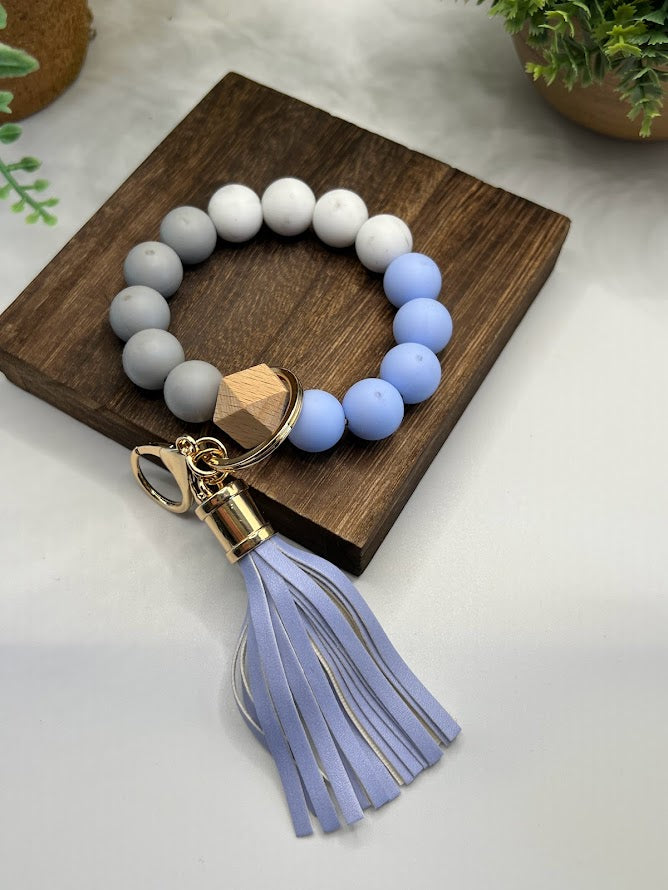 Light Blue & Gray Granite Beaded Keychain With Blue Tassel