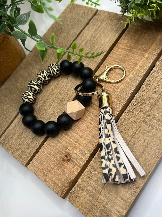 Rawr! Playful Leopard Print Silicone Bead and Tassel Keychain Bracelet - 7 Colors Available