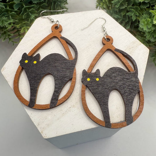 Black Cat Halloween Wooden Earrings
