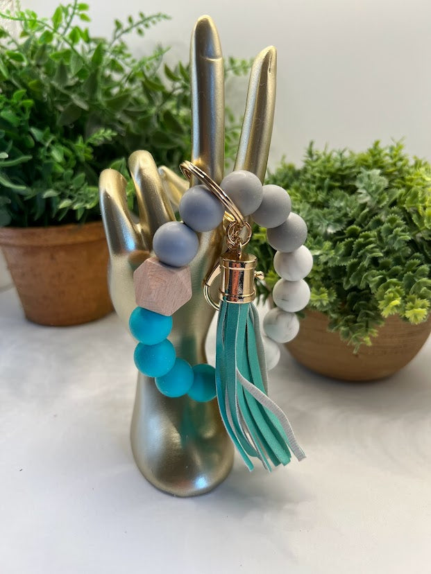 Blue And Grey Bead And Tassel Key Ring