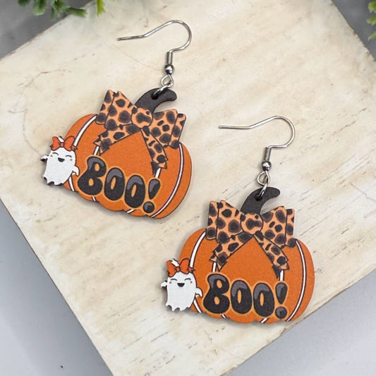 Cute Pumpkin Ghost Wooden Earrings With Bow