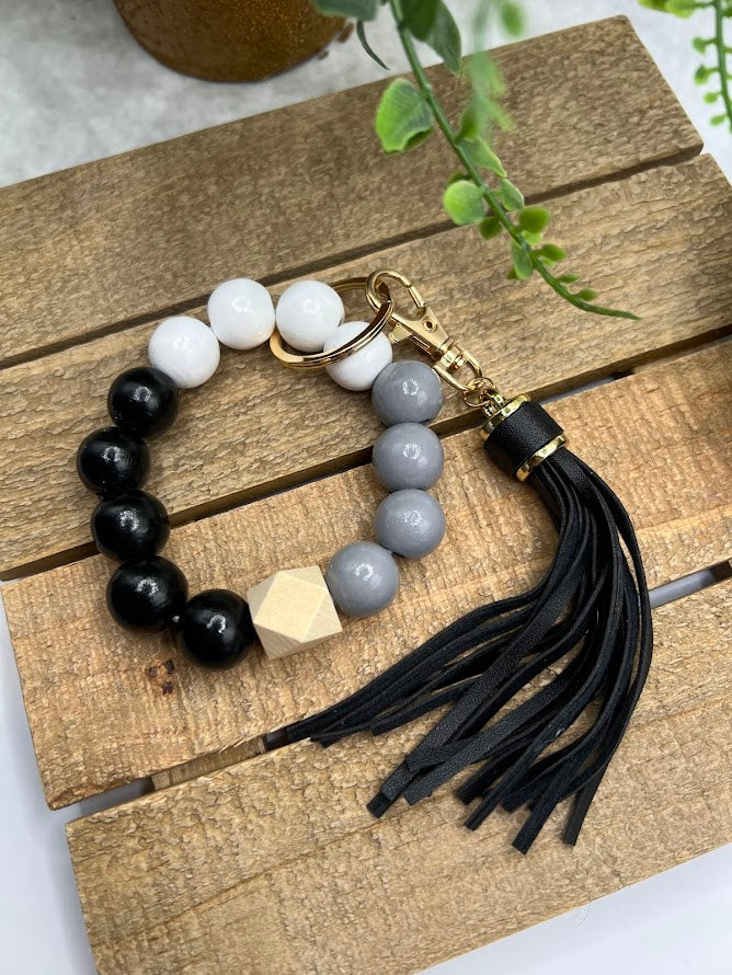 Chic Neutral Tones Black, White, Gray Bracelet Keychain with Black Tassel