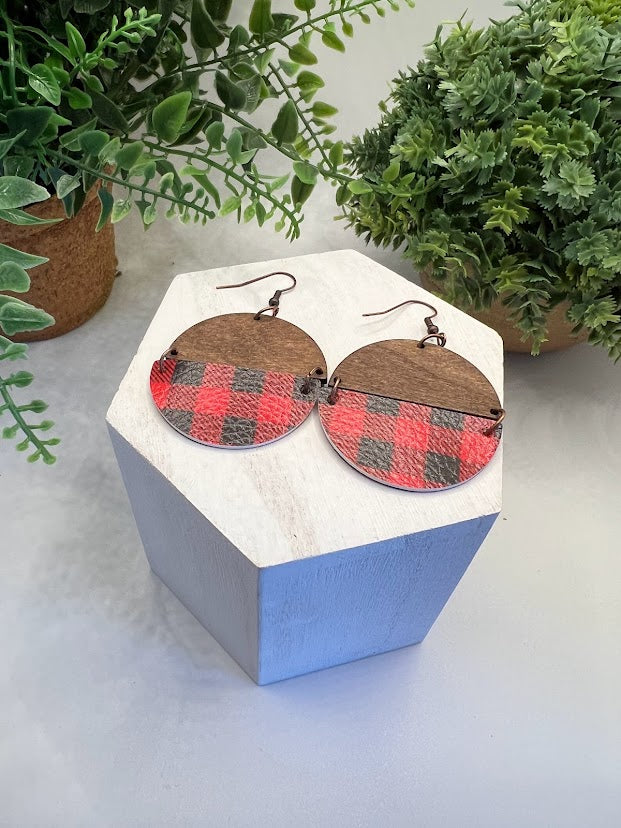 Red Buffalo Plaid Wood And Leather Earrings