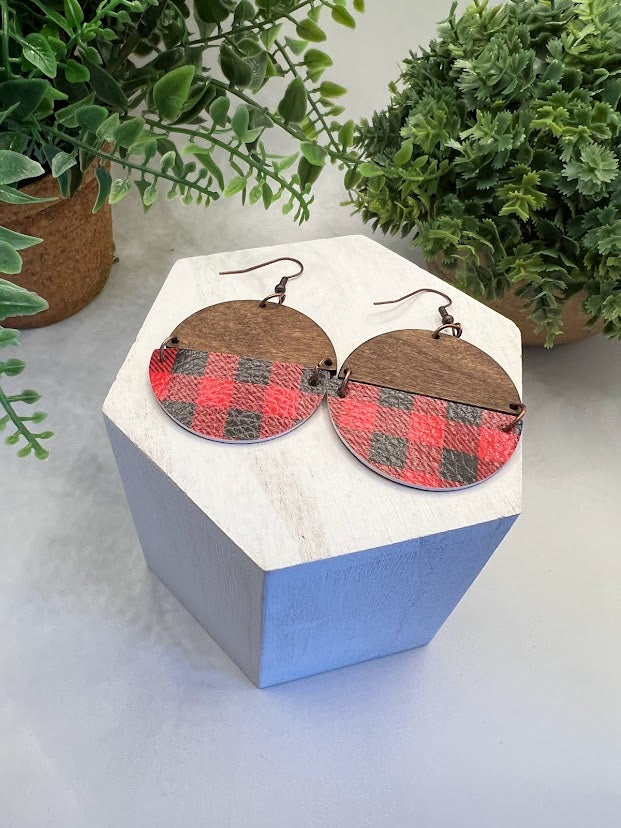 Red Buffalo Plaid Wood And Leather Earrings