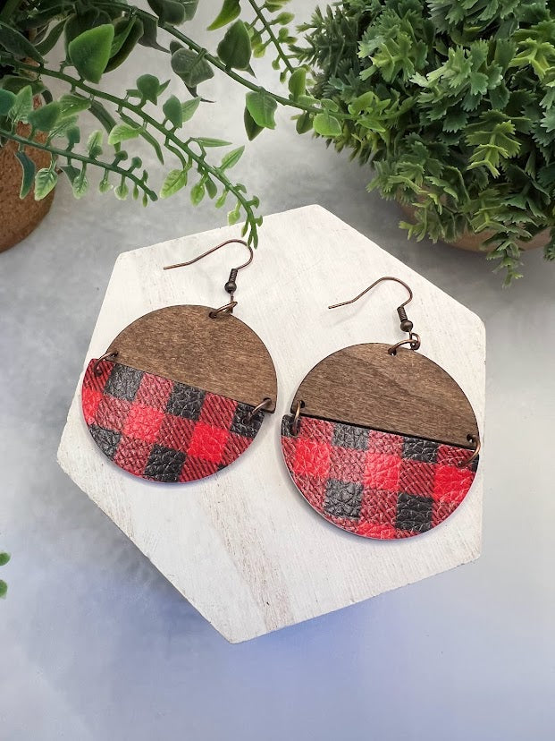 Red Buffalo Plaid Wood And Leather Earrings