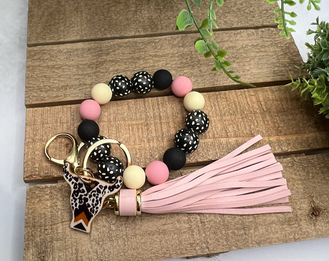 Cowgirl Bull Dotted Keychain with Silicone Beads and Tassel - 3 Colors Available