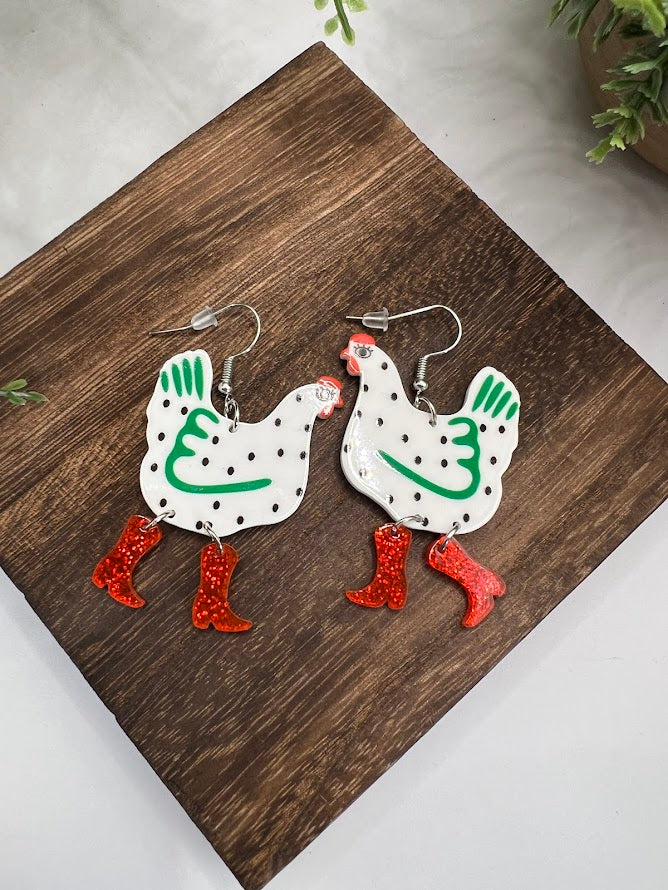 Hilarious Chicken Wearing Boots Earrings- 6 Colors Available