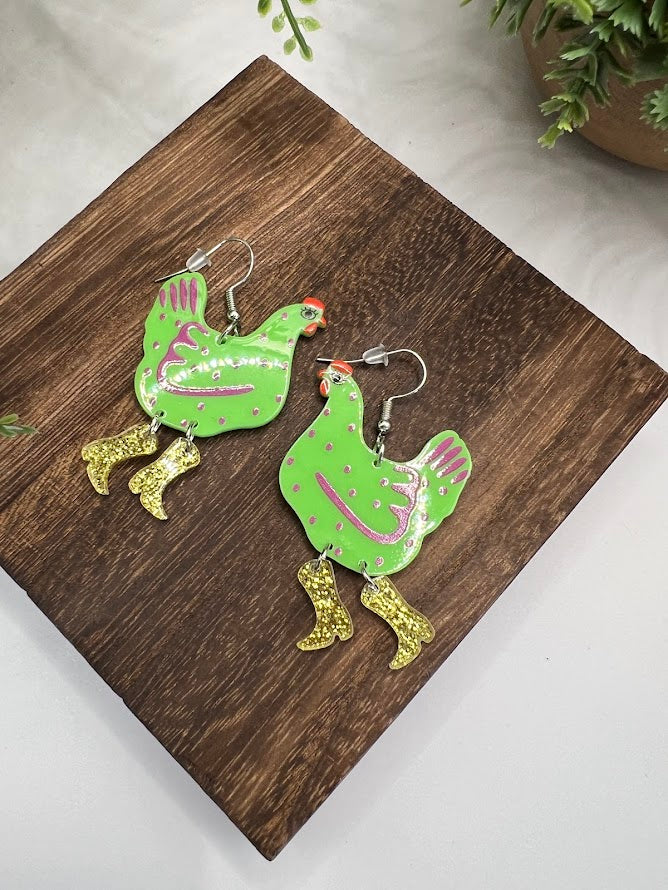 Hilarious Chicken Wearing Boots Earrings- 6 Colors Available