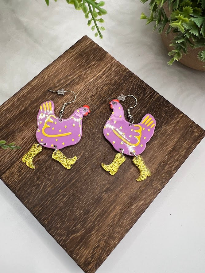 Hilarious Chicken Wearing Boots Earrings- 6 Colors Available